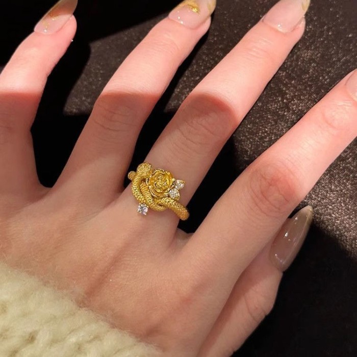 Snake and rose ring, women's niche design, high-end gold-plated, natal year, zodiac snake ring, national tide style