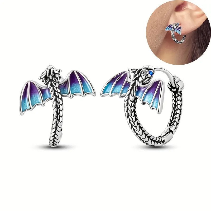 Thai Silver Plated Dragon Wing Earrings Unisex Hip Hop Daily Party Dragon Wing Epoxy Ear Buckles2