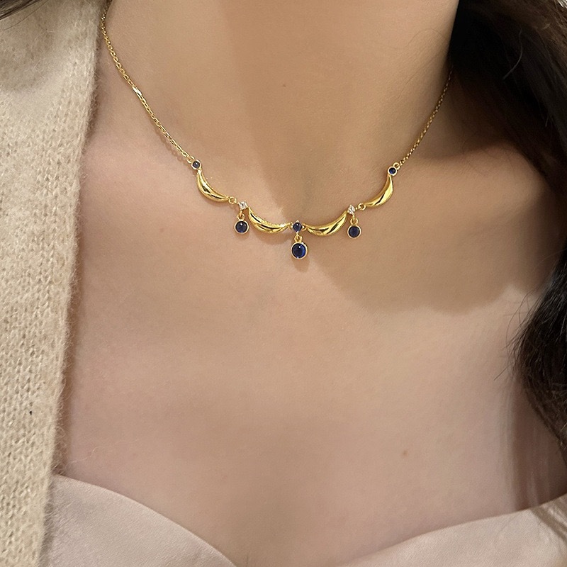 French - style Retro Sapphire Tassel Necklace in the Blue Drop - shaped Series with Ancient - style Fused Glass Craftwork Lace3