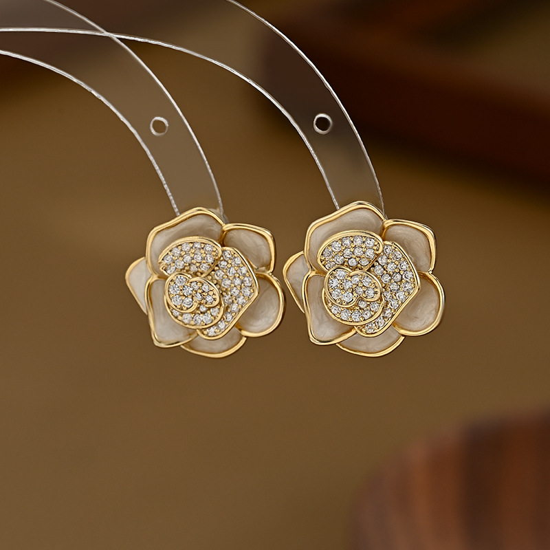 Hot-selling S925 silver needle retro enamel oil-drop earrings with high-end cubic zirconia camellia stud earrings on Douyin Live3