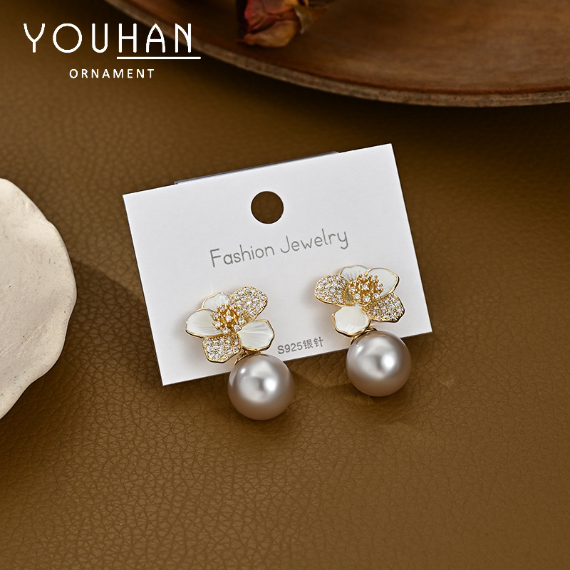 S925 Silver Needle Enamel Oil - dropping Camellia Stud Earrings for Women, High - end Pearl Earrings, Ear Jewelry2