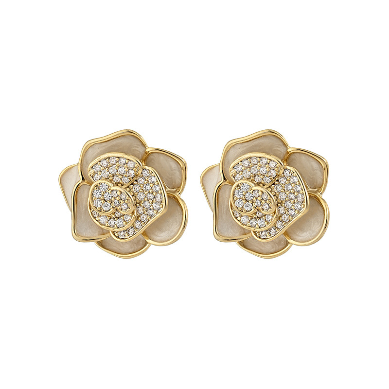 Hot-selling S925 silver needle retro enamel oil-drop earrings with high-end cubic zirconia camellia stud earrings on Douyin Live4