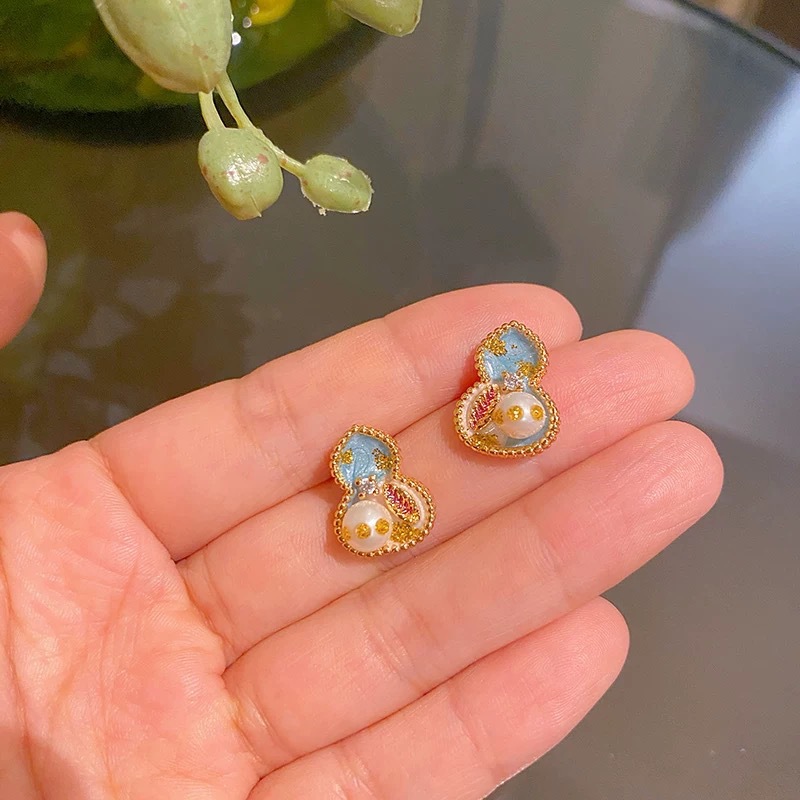 New S925 Silver Needle Oil Painting Gourd Flower Enamel-painted Mid-century Style Earrings with Baroque Pearls, Versatile Ear Accessories3