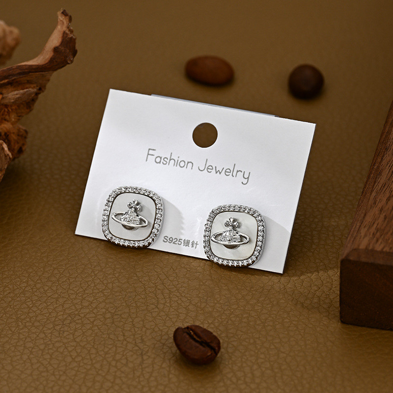 Copper-plated genuine gold micro-inlaid zircon geometric square planet stud earrings, ear accessories with a daily commuting style and a sense of niche design