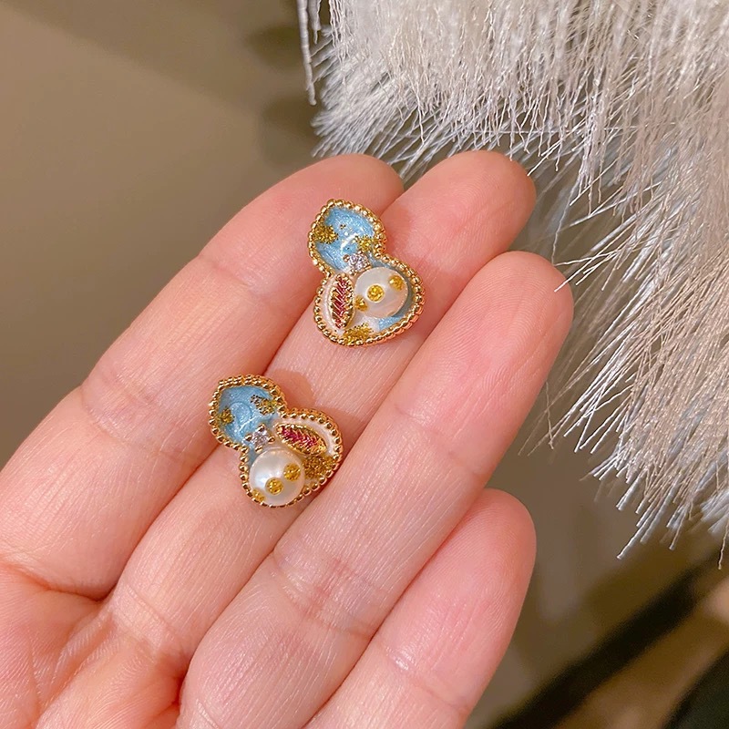 New S925 Silver Needle Oil Painting Gourd Flower Enamel-painted Mid-century Style Earrings with Baroque Pearls, Versatile Ear Accessories