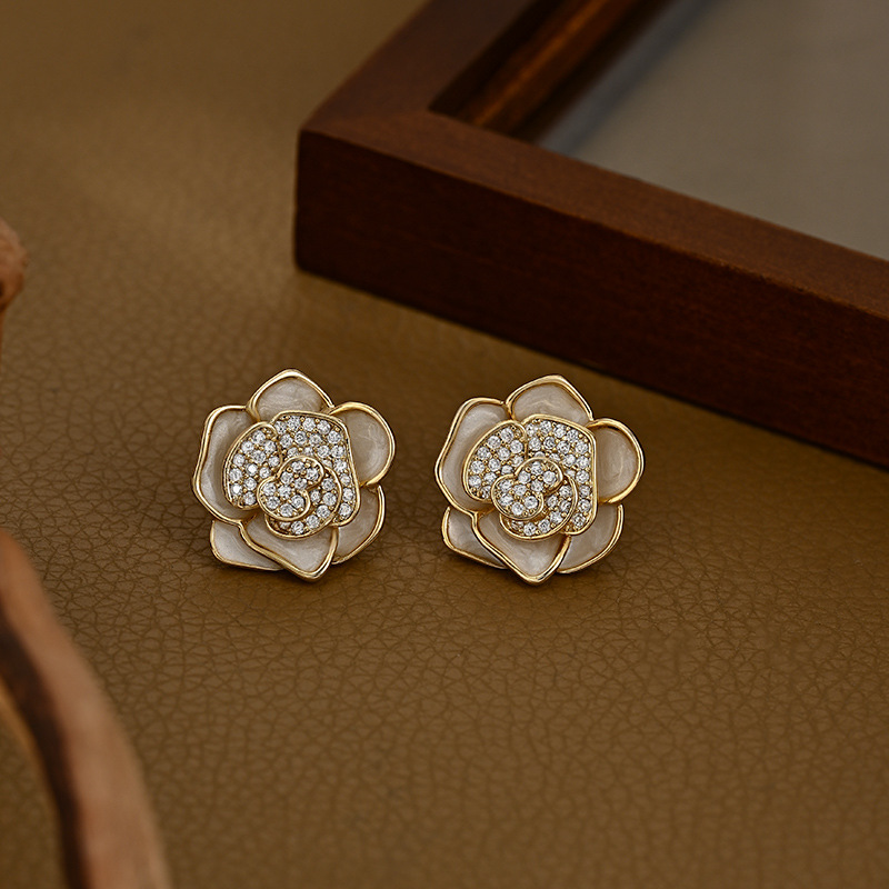 Hot-selling S925 silver needle retro enamel oil-drop earrings with high-end cubic zirconia camellia stud earrings on Douyin Live2
