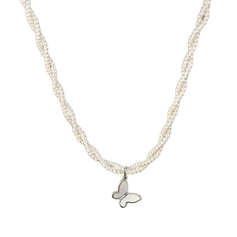 2025 New Retro French-style Pearl Necklace for Women, Korean Fashion Design, Natural Shell Butterfly Collarbone Chai4