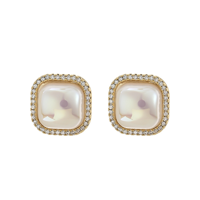 Versatile, high - end and daily - style square pearl and cubic zirconia stud earrings, elegant - style ear accessories4