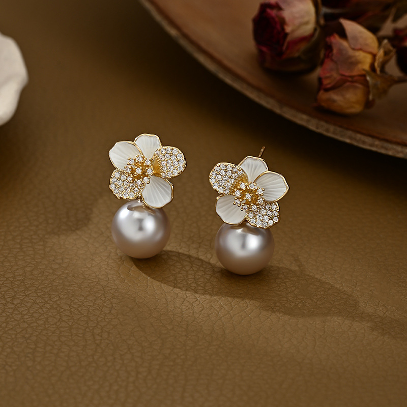 S925 Silver Needle Enamel Oil - dropping Camellia Stud Earrings for Women, High - end Pearl Earrings, Ear Jewelry4