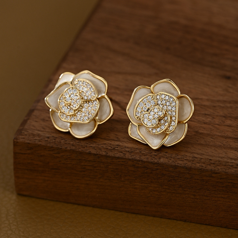 Hot-selling S925 silver needle retro enamel oil-drop earrings with high-end cubic zirconia camellia stud earrings on Douyin Live