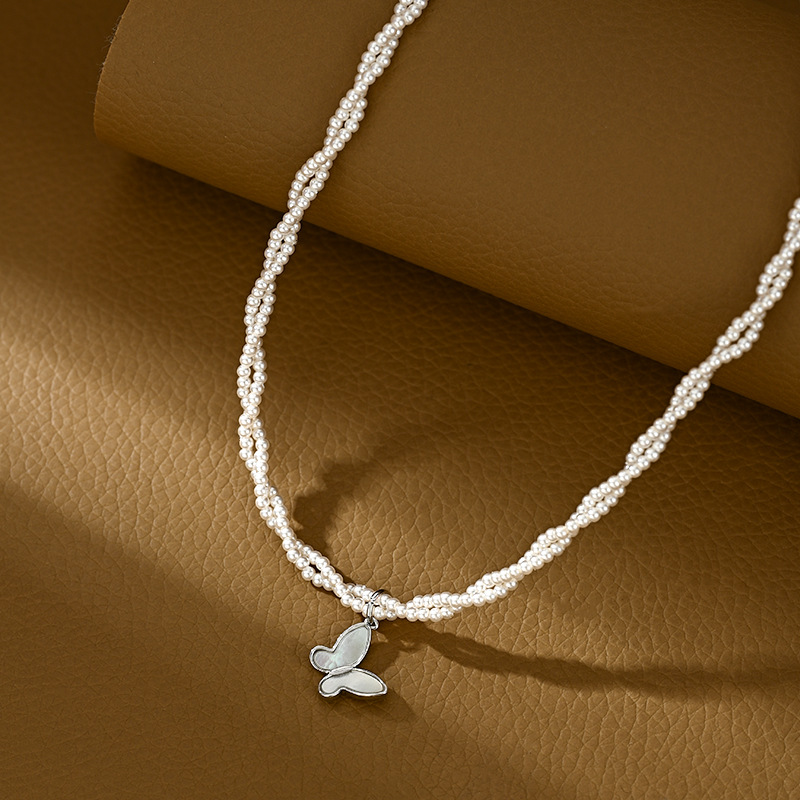 2025 New Retro French-style Pearl Necklace for Women, Korean Fashion Design, Natural Shell Butterfly Collarbone Chai
