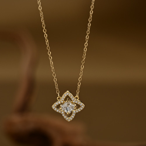 Wholesale of Gold - Plated Micro - Inlaid Cubic Zirconia Collarbone Necklaces for Women with a Small - Group Design Sense, Hollowed - out Lucky Four - Leaf Clover Necklaces
