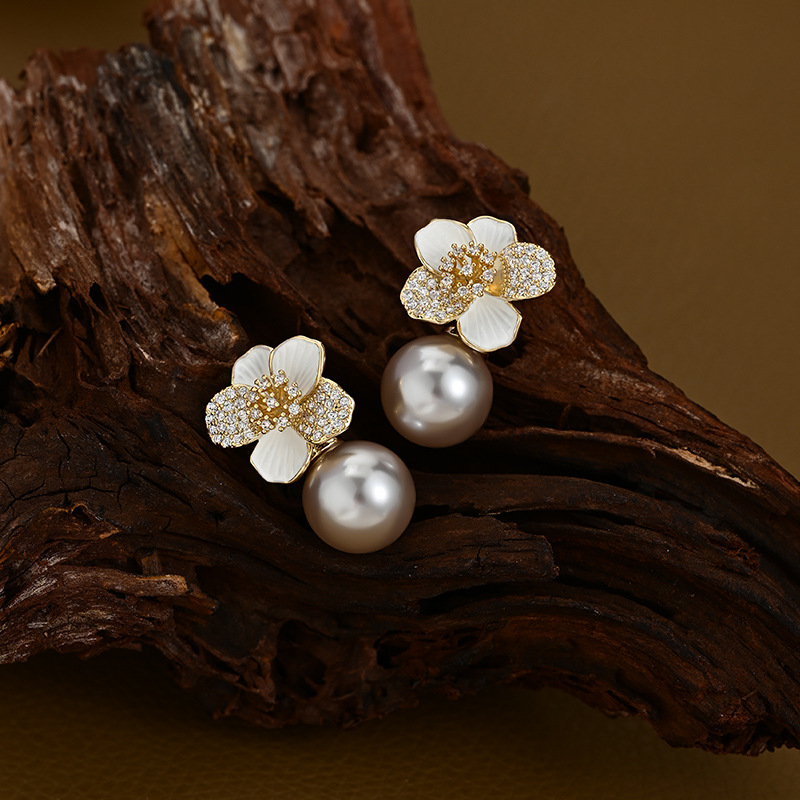 S925 Silver Needle Enamel Oil - dropping Camellia Stud Earrings for Women, High - end Pearl Earrings, Ear Jewelry