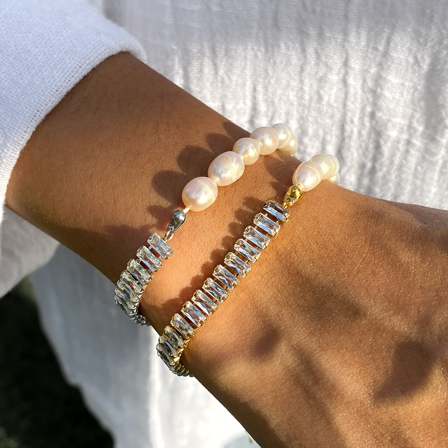 INS Niche Light Luxury High-End Natural Freshwater Pearl Spliced Chain Inlaid Zircon Stainless Steel Bracelet