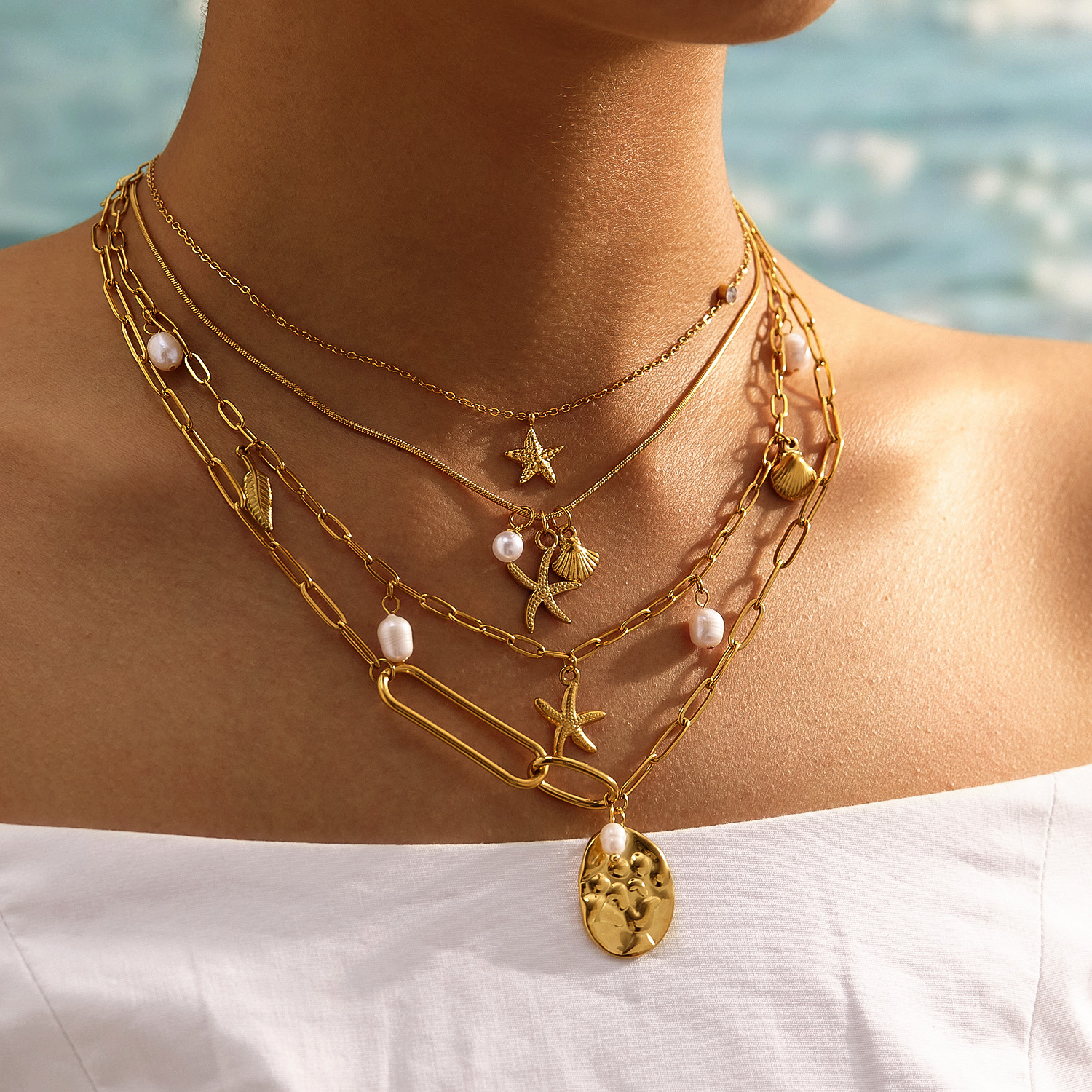 Stainless Steel Necklace for Women, Personalized Fashion Beach Style Starfish Pearl Elegant Titanium Steel Collarbone Chain