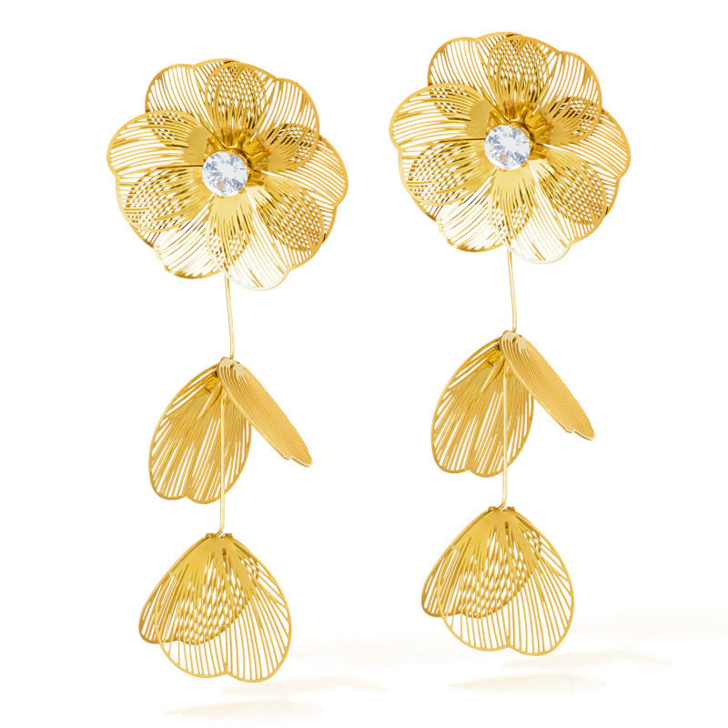 French Tassel Earrings for Women Stainless Steel Elegant Retro Hollow Petal Inlaid Diamond Titanium Steel Earrings Wholesale