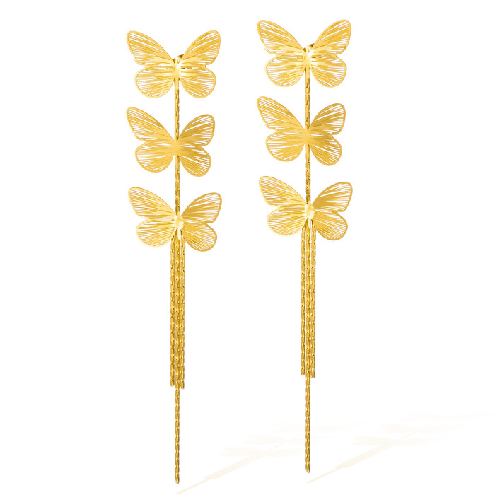 French Style Light Luxury Earrings for Women Stainless Steel Fashionable Design Sense Elegant Tassel Butterfly Titani...