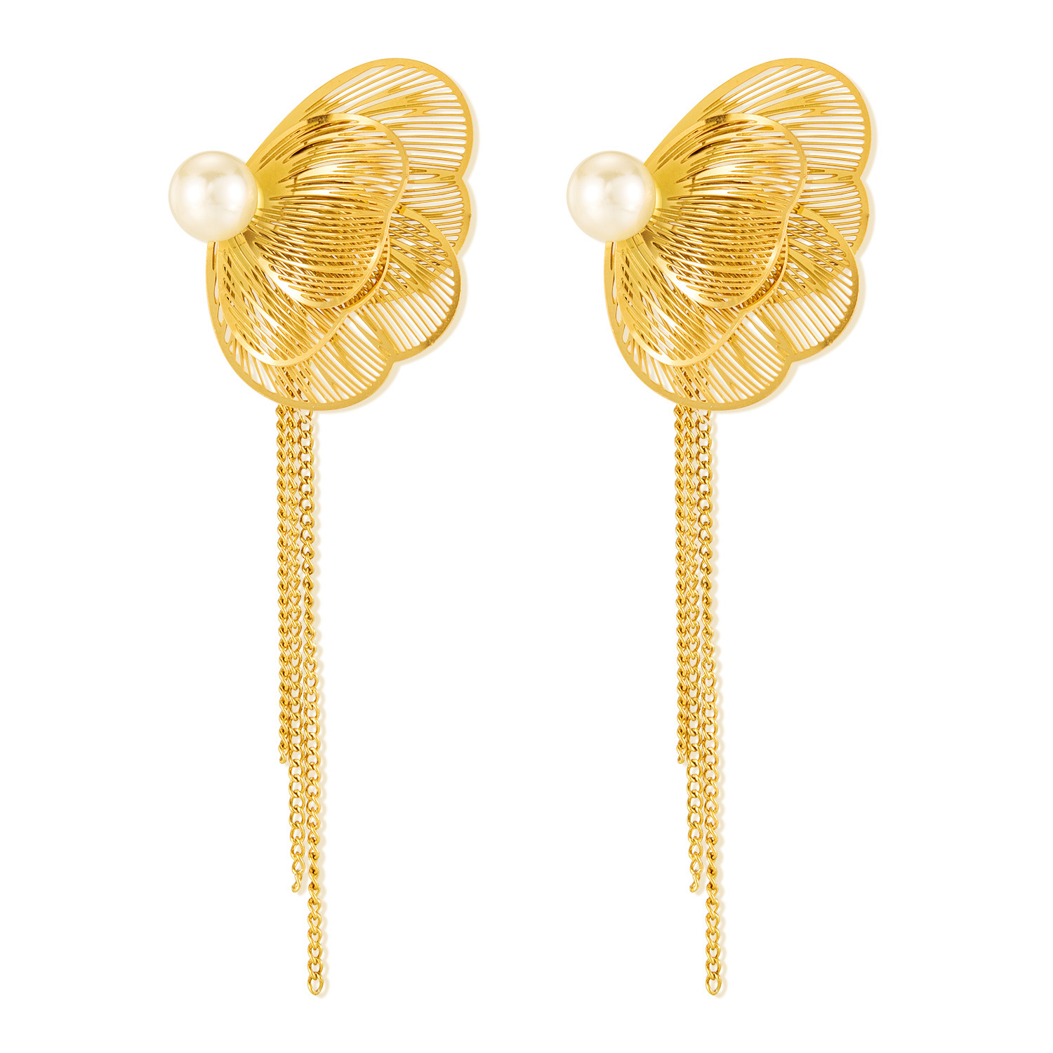 French Retro Tassel Earrings for Women Stainless Steel Fashion Elegant Temperament Butterfly Pearl Long Titanium Steel Drop Earrings