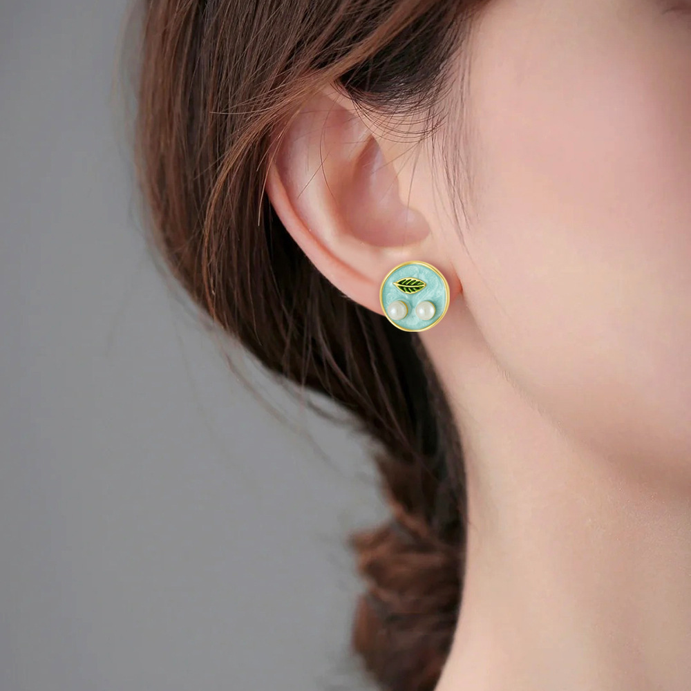 Vintage Style Painted Oil Painting Round Oil Drop Leaf Design Earrings French Niche Elegant Pearl Earrings