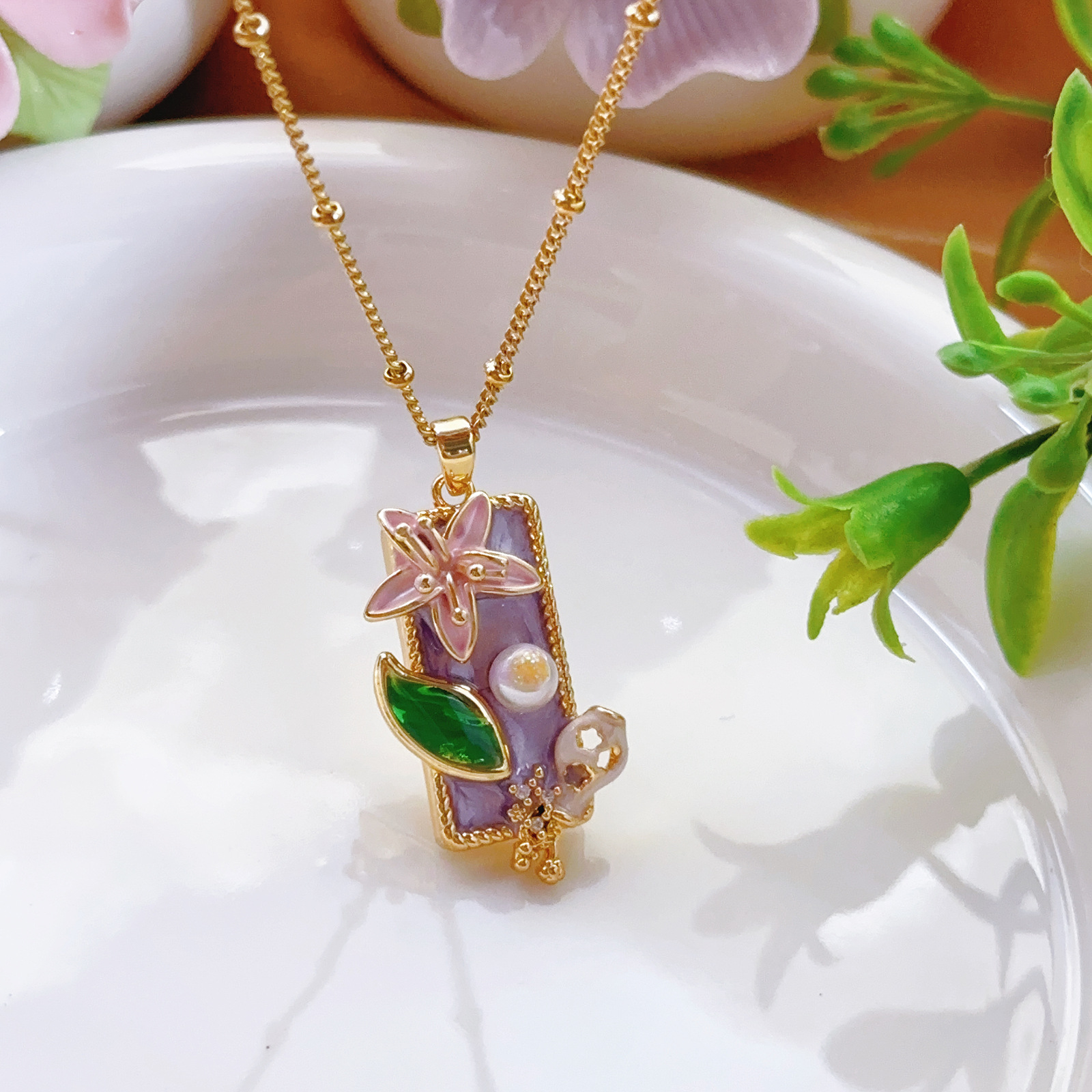 Purple Blue Flower Brand Vintage Oil Painting Style Titanium Steel Necklace Women Pendant DIY Handmade Baroque New Style