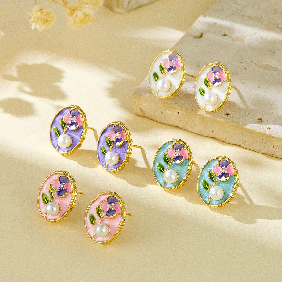 Vintage Oil Painting Flower Pearl Earrings Hot-Selling Elegant Evening Romantic Enamel Studs Fresh Versatile Earrings