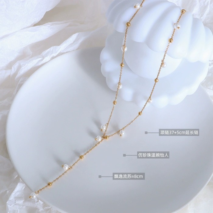 Niche Versatile Retro Style Jewelry Titanium Steel 18K Gold Plated Ins Pearl Loose Bead Necklace Women's Collarbone Chain Cross-Border Product