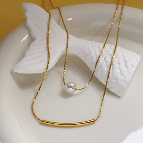 Niche Light Luxury Pearl Double Layer Stacked Collarbone Chain for Women, Design Sense, Non-Fading Titanium Steel Necklace, Simple Cross-Border Jewelry