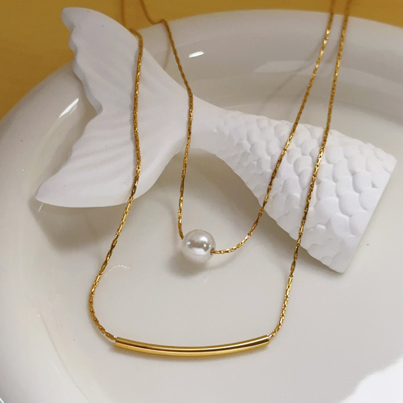 Niche Light Luxury Pearl Double Layer Stacked Collarbone Chain for Women, Design Sense, Non-Fading Titanium Steel Necklace, Simple Cross-Border Jewelry