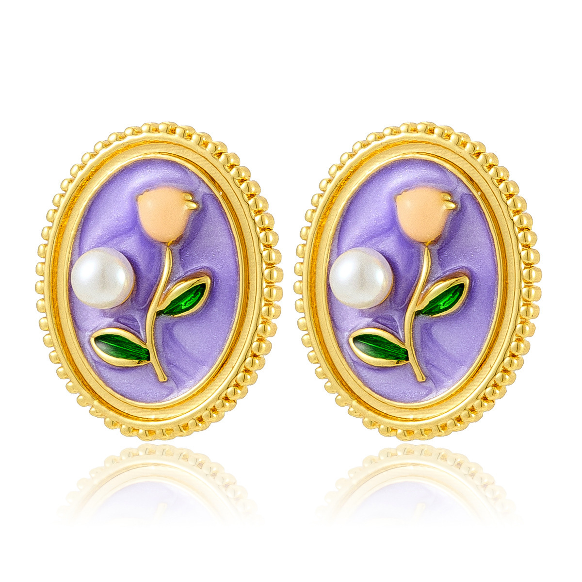 New Chinese Style Niche Design Oil Painting Style Earrings Pearl Flower Painted Enamel Studs Elegant Sweet Earrings Wholesale