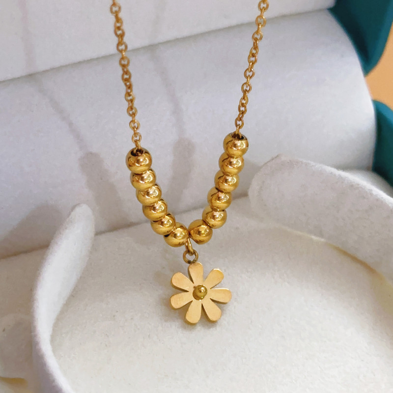 Non-Fading New Luxury 18K Gold Exquisite Stainless Steel Necklace for Women Versatile Bead Daisy Jewelry Elegant Ins Style