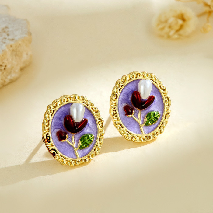 Vintage Oil Painting Style Fashion Versatile Pearl Painted Oil Drop Flower Earrings Sweet Style Niche Design Sense Ea...