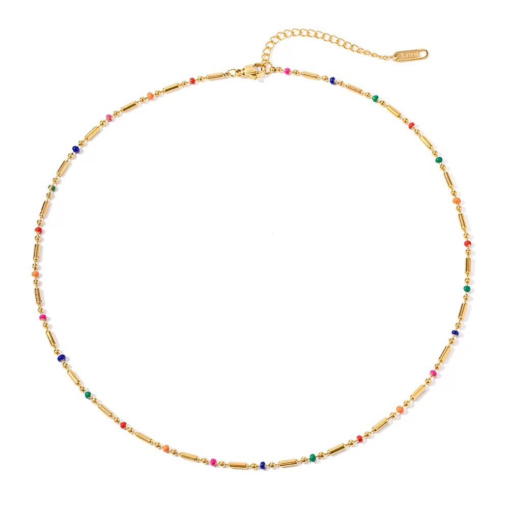Rainbow Necklace Oil Drop Colorful Beads Bohemian Bare Chain Titanium Steel Plated 24K Gold Not Easy to Fade Collarbone Chain