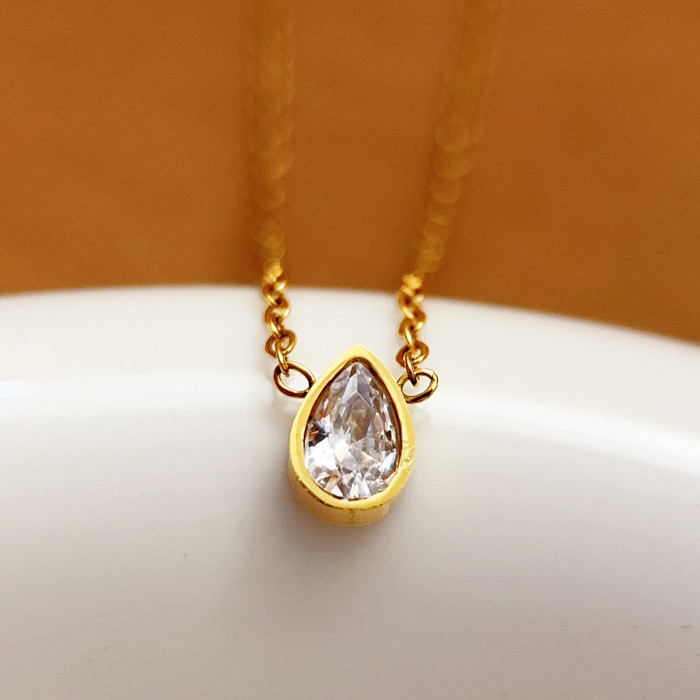 Cross-Border New Simple High-End Inlaid Water Drop Zircon European and American Zircon Pear-Shaped Single Diamond Necklace Simple Collarbone Chain
