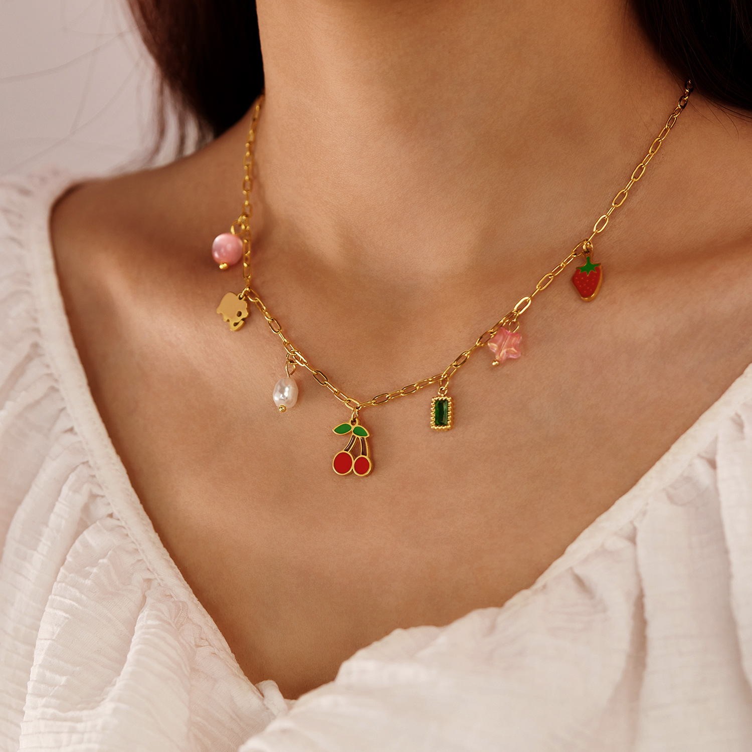 Necklace for Women Stainless Steel Personality Multi-element Cherry High-end Titanium Steel Collarbone Chain