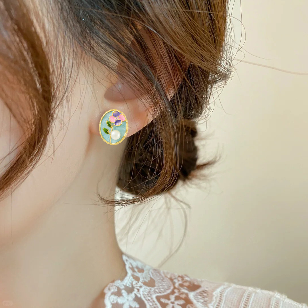 Vintage Oil Painting Flower Pearl Earrings Hot-Selling Elegant Evening Romantic Enamel Studs Fresh Versatile Earrings