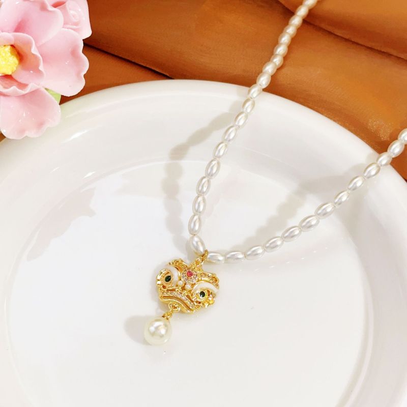 Lion Head Pearl Ethnic Women's Light Luxury Necklace New Chinese Style National Style Collarbone Chain Pendant New Fashion Accessories Cross-Border Fashion