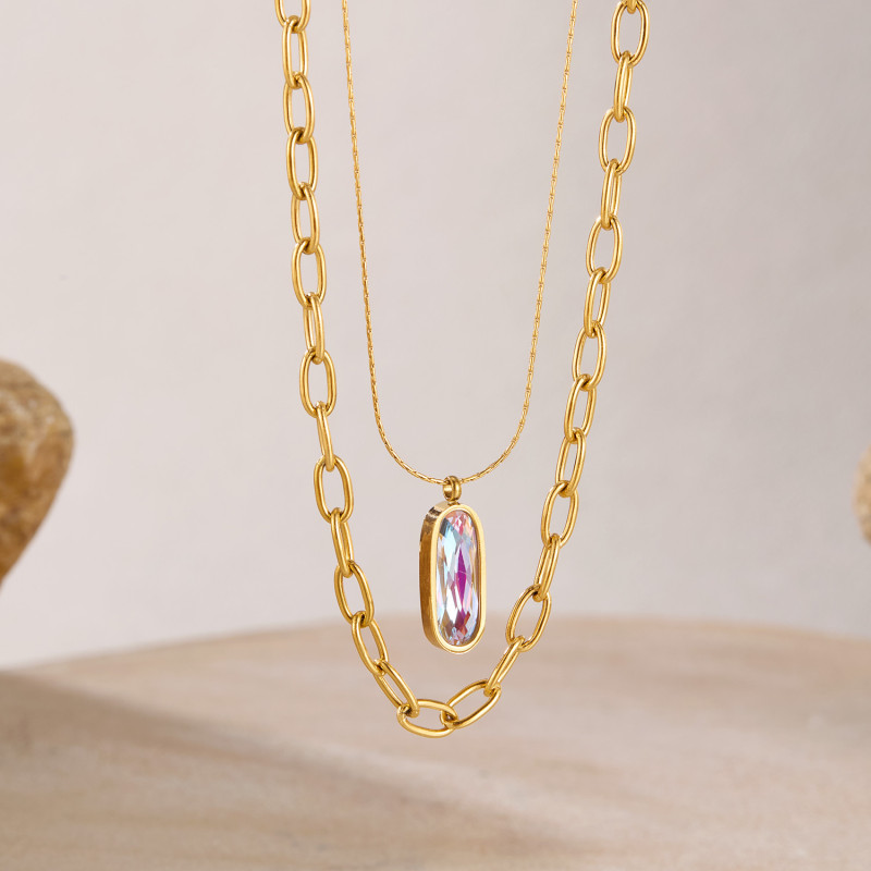 Minimalist Style Necklace for Women Stainless Steel Personality Fashion Zircon Double Layer Stacked Titanium Steel Collarbone Chain