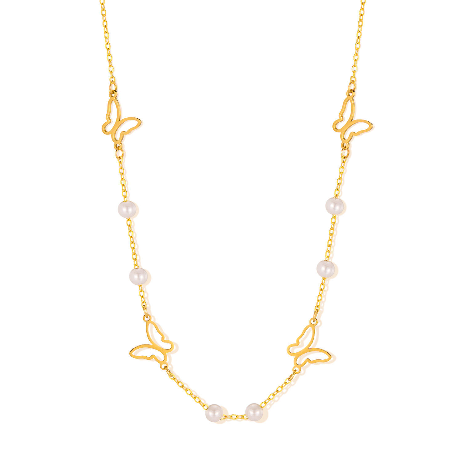 Fashion Necklace for Women Stainless Steel Niche Minimalist Style Hollow Butterfly Pearl Titanium Steel Collarbone Chain Wholesale
