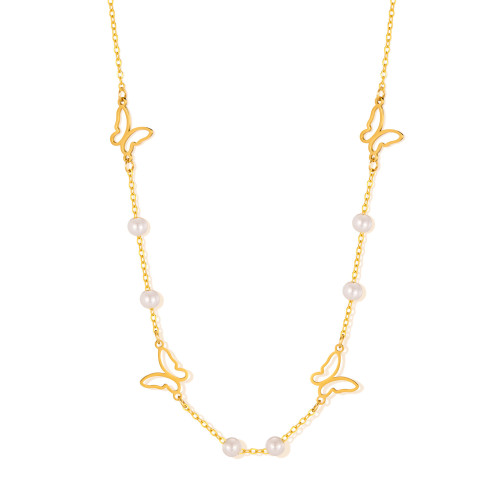 Fashion Necklace for Women Stainless Steel Niche Minimalist Style Hollow Butterfly Pearl Titanium Steel Collarbone Chain Wholesale