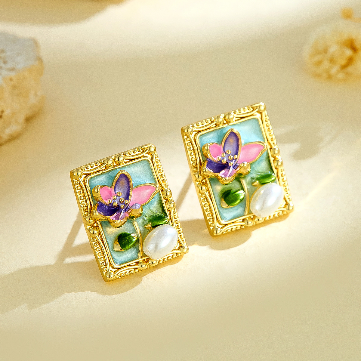 Monet Garden Vintage Style Natural Pearl Earrings European and American Retro High-end Goddess Temperament Oil Painting Style Earrings