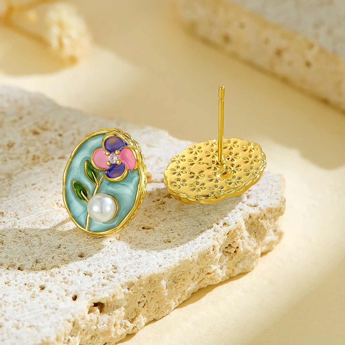 Vintage Oil Painting Flower Pearl Earrings Hot-Selling Elegant Evening Romantic Enamel Studs Fresh Versatile Earrings