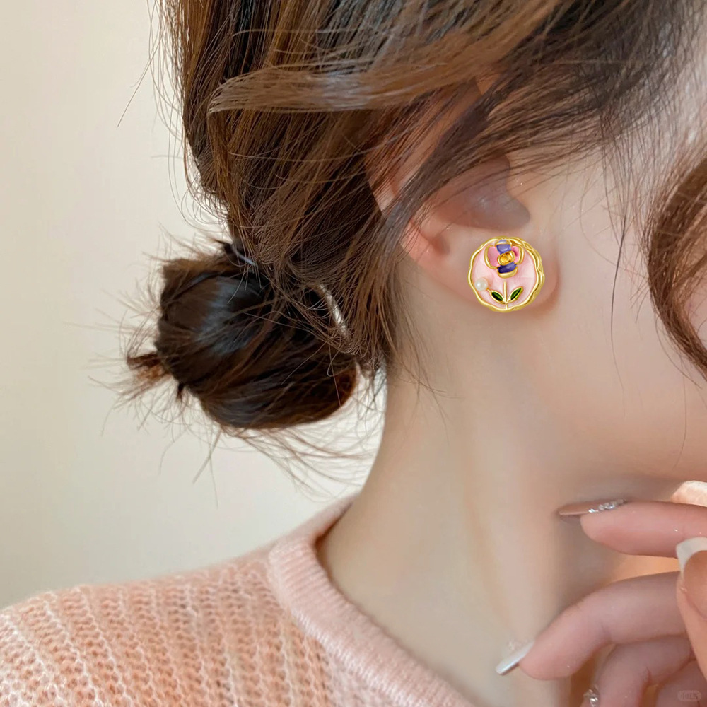Cross-Border New French Retro Imitation Pearl Oil Drop Earrings Light Luxury Elegant Enamel High-End Painted Flower Earrings