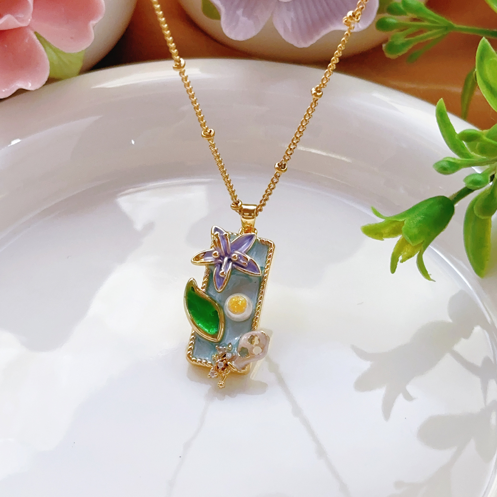 Purple Blue Flower Brand Vintage Oil Painting Style Titanium Steel Necklace Women Pendant DIY Handmade Baroque New Style