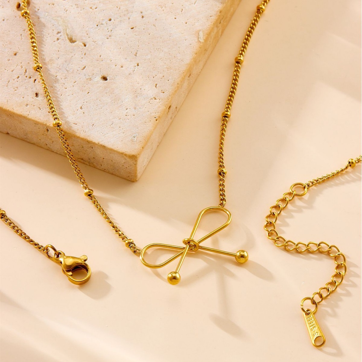 Cross-Border Women’s Titanium Steel Non-Fading Bowknot Gold New High-End Jewelry Wholesale Bracelet Necklace Set