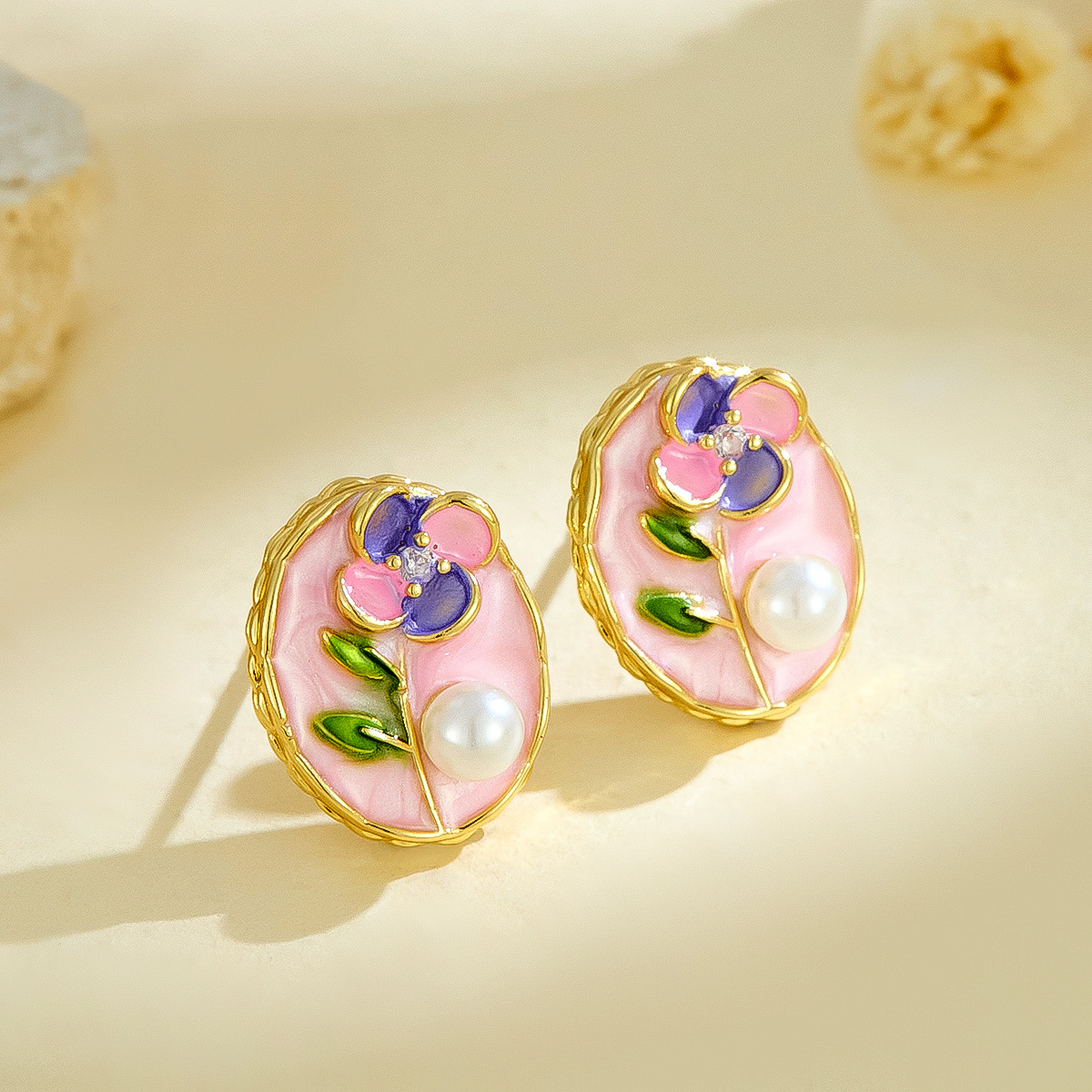Vintage Oil Painting Flower Pearl Earrings Hot-Selling Elegant Evening Romantic Enamel Studs Fresh Versatile Earrings