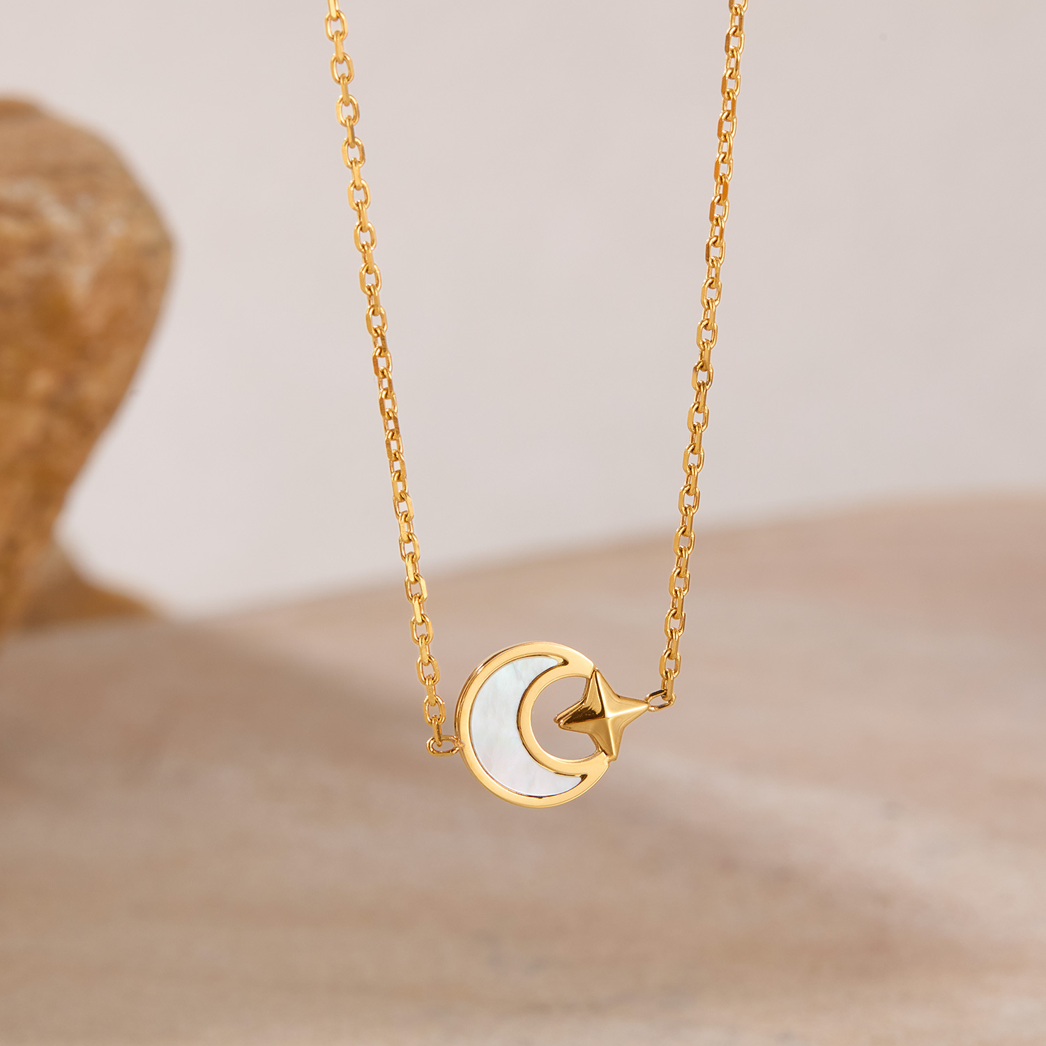 Stainless Steel Necklace for Women Fashionable Versatile Design Sense Four-Pointed Star Shell Moon Titanium Steel Collarbone Chain