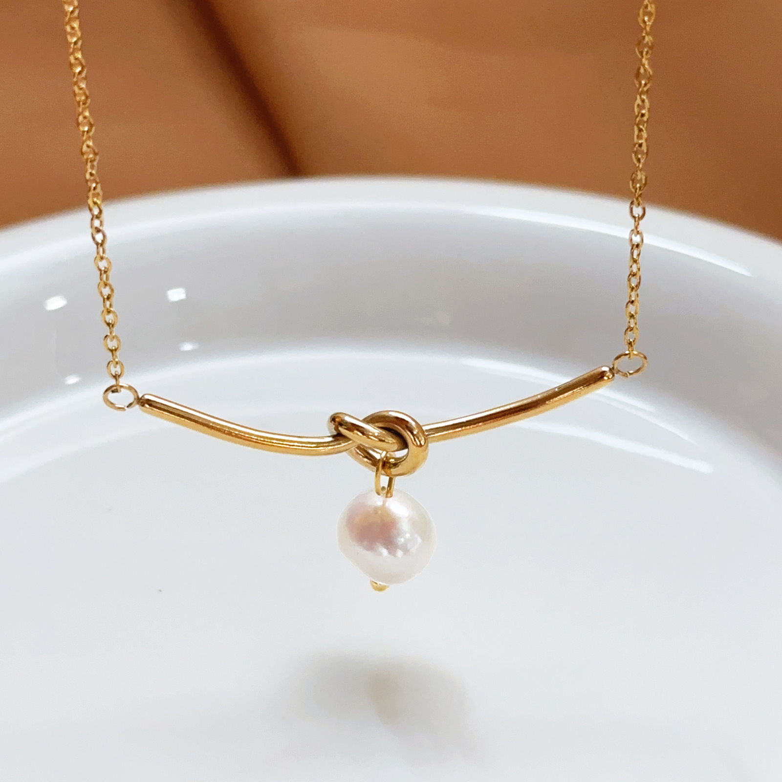 French Hollow Bowknot Earrings Freshwater Pearl Rope Necklace Stainless Steel Sweet Temperament Best Friend Gift Jewelry