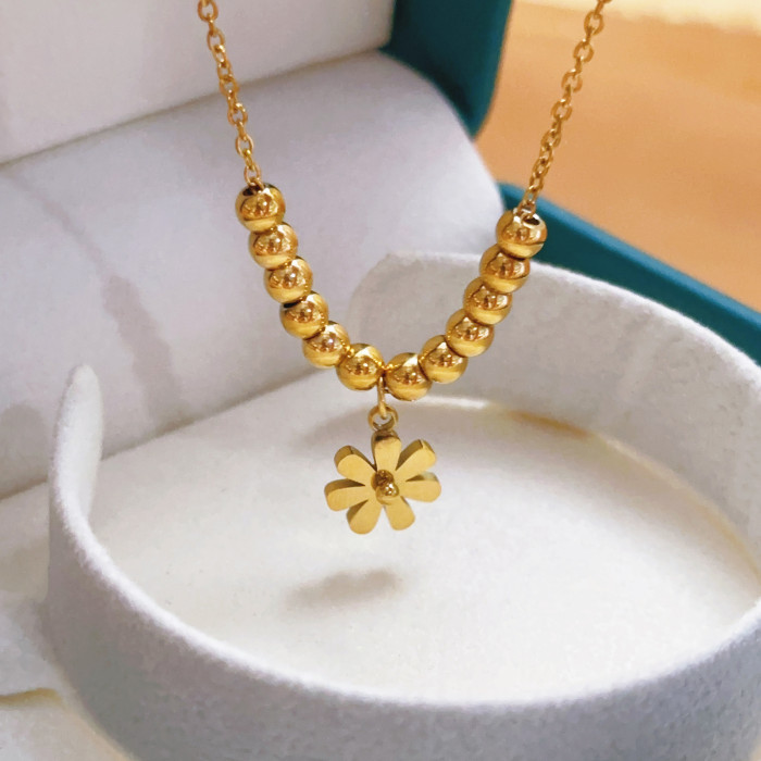 Non-Fading New Luxury 18K Gold Exquisite Stainless Steel Necklace for Women Versatile Bead Daisy Jewelry Elegant Ins Style