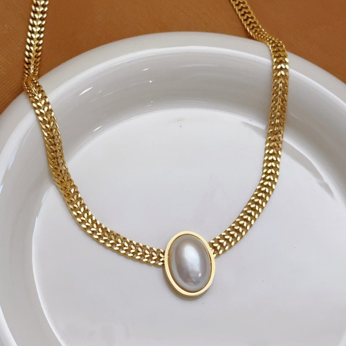 Cross-Border Pearl Titanium Steel Jewelry Necklace for Women Collarbone Chain Elegant Personality Fashion Trend Accessories Vintage 18K Gold Light Luxury
