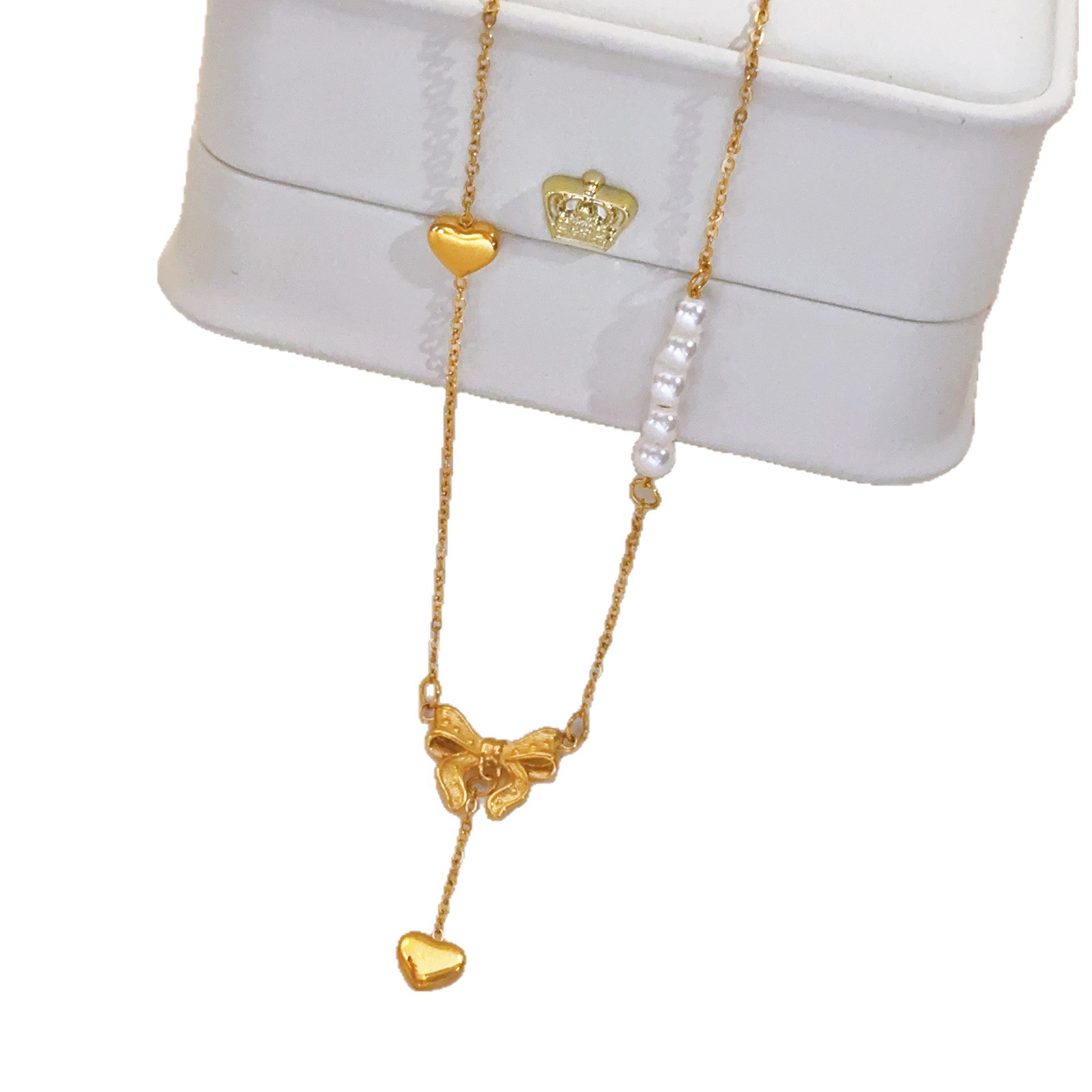 Cross-Border Pearl Heart Bow Tassel Necklace for Women Gold Light Luxury Butterfly Pearl Titanium Steel Fashion Jewelry Wholesale